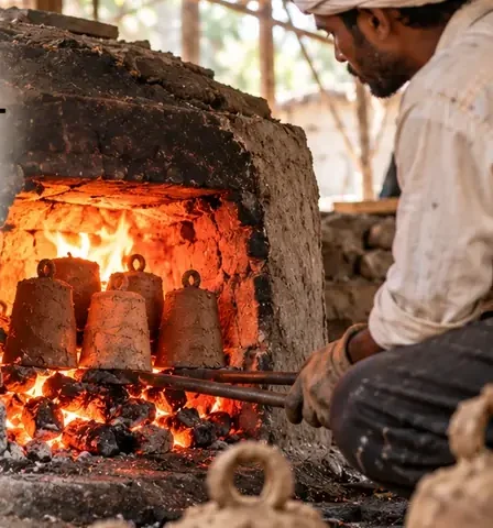 Artisan firing clay-coated iron bells in a charcoal kiln during the Rasaai process