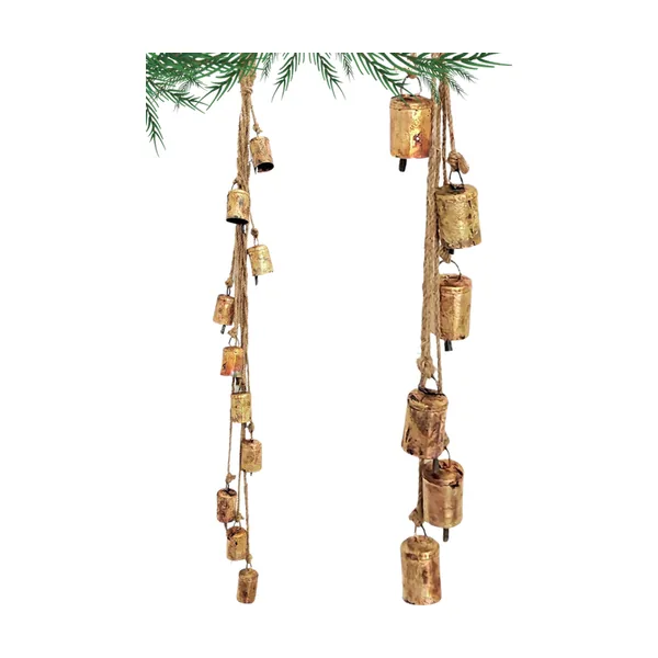 Cluster of handmade hanging bells on natural jute rope