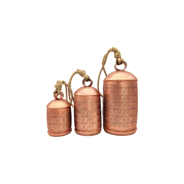 Copper-finish etched bells on jute rope