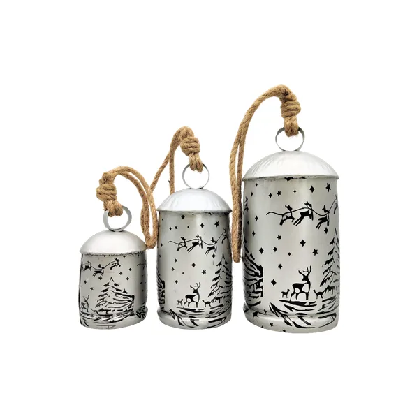 Silver etched Christmas bells with reindeer and tree designs