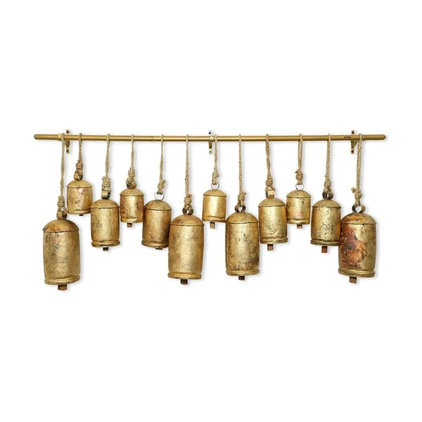 Shabby chic hanging bells on a metal rod