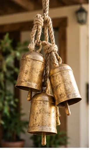 Cluster of three golden handmade cow bells hanging on knotted jute rope