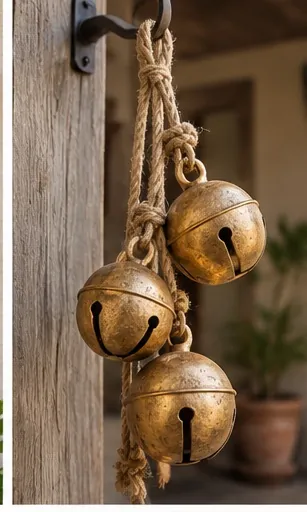 Handmade cluster of round jingle sleigh bells on jute rope