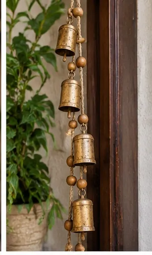 Handmade hanging string of rustic bells with wooden beads