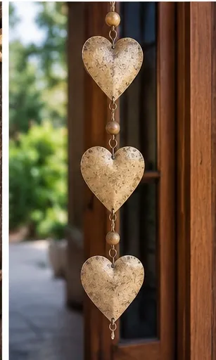 Handmade hanging of rustic metal hearts with wooden beads