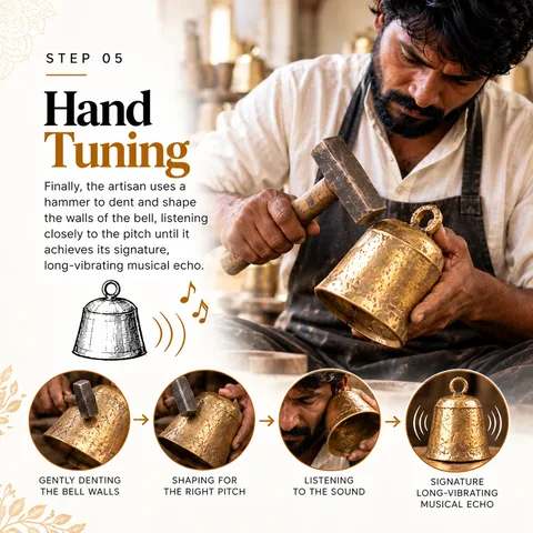 Step 5: Artisan hand-tuning a golden bell with a hammer while listening to its pitch