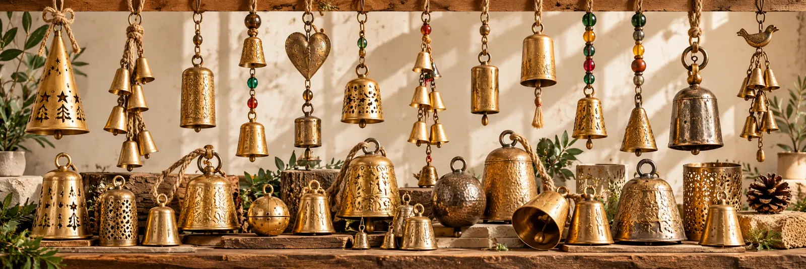 Handcrafted brass-finish bells with cut-out star and tree patterns, beaded hanging bells and bell clusters displayed on rustic wood