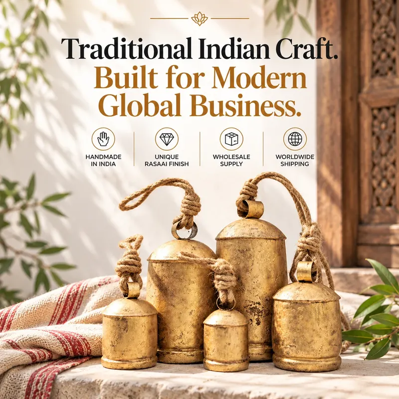 Traditional Indian Craft. Built for Modern Global Business. Handmade rustic cow bells with jute rope, unique Rasaai finish, wholesale supply and worldwide shipping