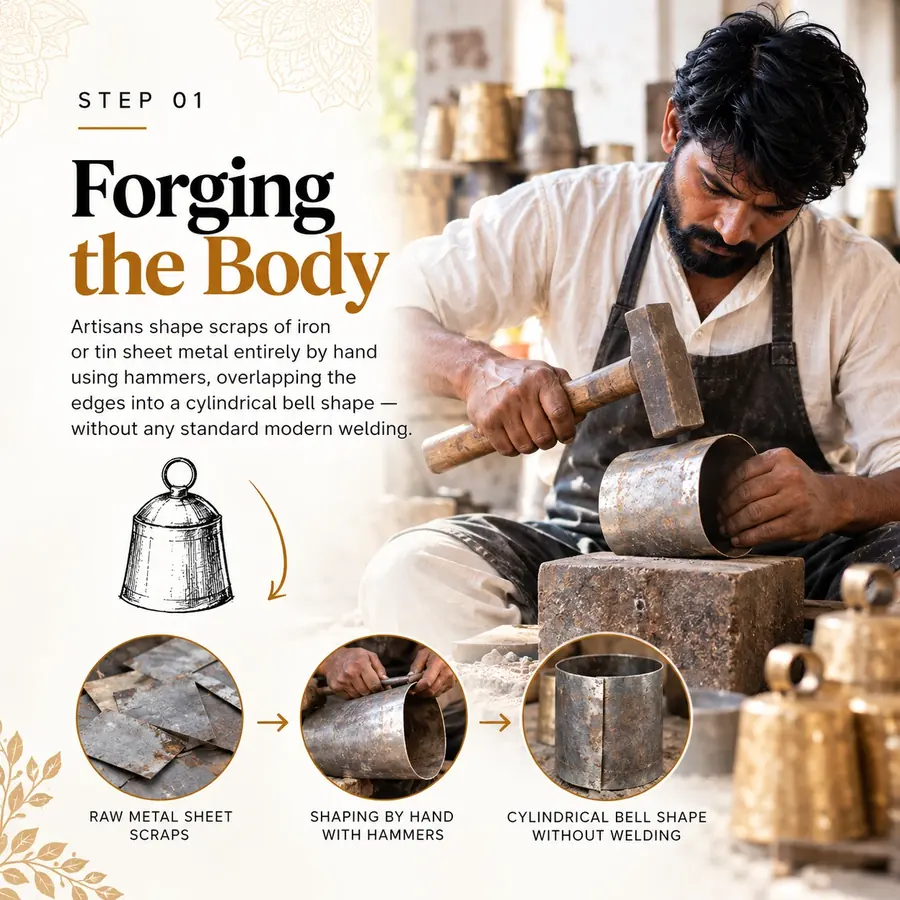 Artisan hand-shaping an iron sheet into a bell body with a hammer