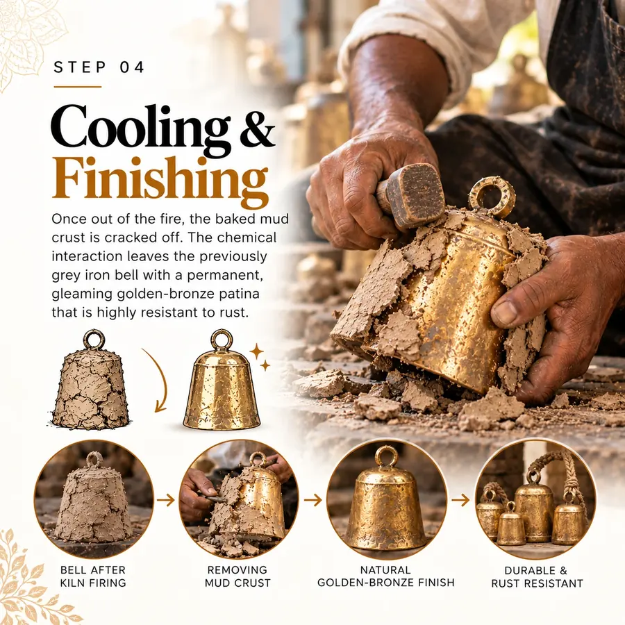 Bells after kiln firing with the baked mud crust removed, showing a golden-bronze finish
